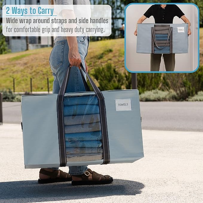 VENO 10 Pack Moving Bags with Clear Window, Heavy Duty Storage Bins with Lid, Around Handles, Tag, Zippers, Extra Large Totes Packing Moving Boxes Supplies for College Dorm Clothes (Light Blue)