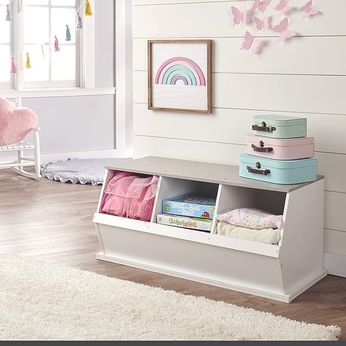 Badger Basket Three Bin Stackable Toy Storage Cubby Organizer - Expandable Modular Storage for Toys & Crafts - White/Gray Woodgrain
