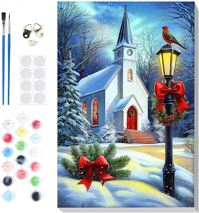 Bowetile Winter Paint by Numbers for Adults Framed Christmas, Church Adults' Paint-by-Number Kits, Adult Paint by Number Kits on Canvas, Acrylic Number Painting for Home Decor, 8x12in