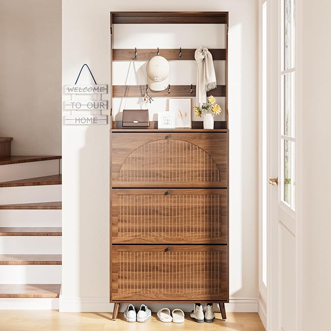 Fsbecl Shoe Cabinet for Entryway with 3 Flip Drawers & Coat Rack, Narrow Hidden Shoe Storage Cabinet with Fluted Panel, 2-in-1 Hall Tree Slim Freestanding Shoe Rack Organizer for Hallway, Walnut
