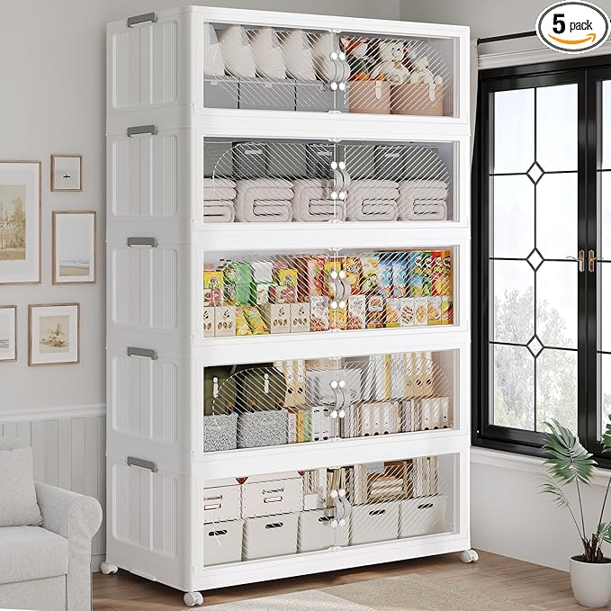 200GAL Plastic Storage Bins with Lid, 800QT Extra Large Stackable Closet Organizers and Storage, Collapsible Storage Boxes with Wheels, Folding Cabinet for Home Kitchen Office, 5Pack White