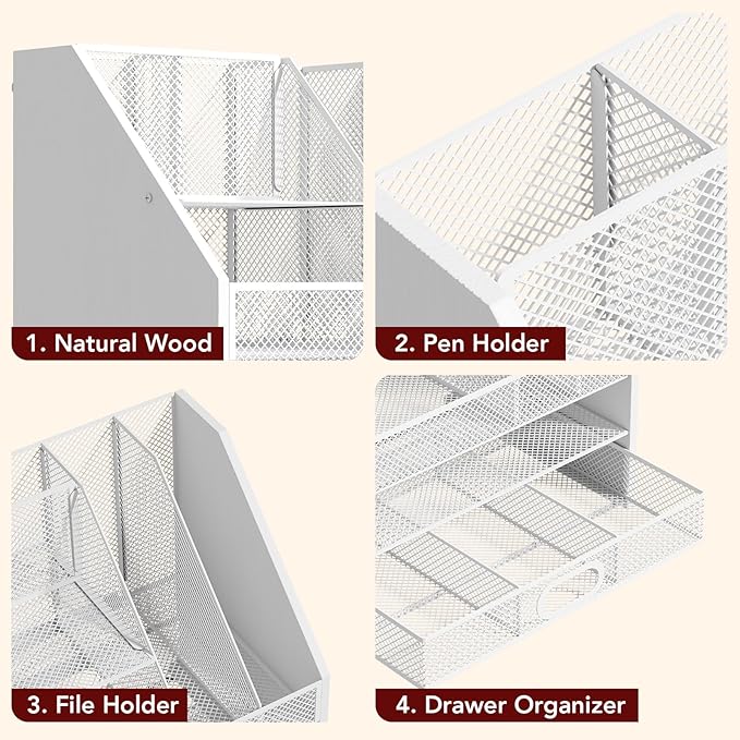 Homsorout Wooden Desk Organizer - Mesh File Organizer with Drawers and Pen Holder - 4-Tier Vertical Paper Letter Storage Tray, Desktop Organizers and Accessories for Home Office （White