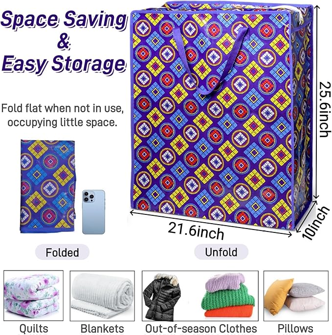 ZAVOOS 9 Pieces Extra Large Moving Bags, 90 L Heavy Duty Storage Tote with Zipper Carrying Handle, Plastic Laundry Clothes Packing Bags for Space Saving, Traveling, College Supplies