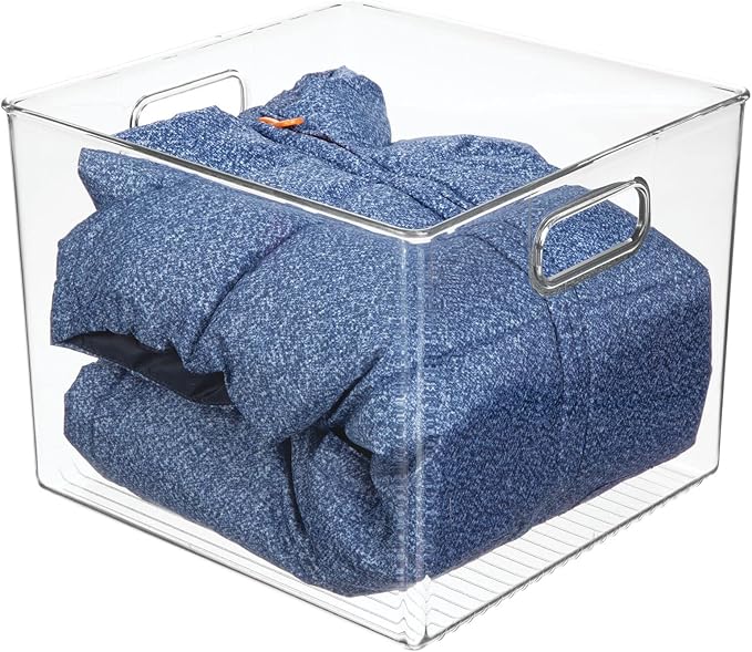 mDesign Small Modern Plastic Storage Organizer Bin Basket with Handles for Home Closet Organization - Shelf, Cubby, Cabinet, and Cupboard Organizing Decor - Ligne Collection - 2 Pack - Clear