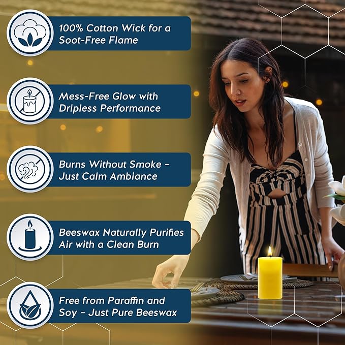 100% Pure Beeswax Pillar Candle – Large 3x6 Inch Handmade Candle with 80-Hour Burn Time – Natural Honey Aroma – Clean & Hypoallergenic – Chemical-Free– Natural Air Purifier – Alternative Imagination