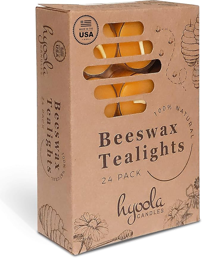 Hyoola Pure Beeswax Tea Lights, Handmade Decorative Unscented, Tealight Candles, 4 Hour Burn Time, Clear Cup (Pack of 24)