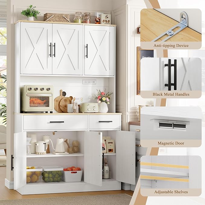 Vongrasig Farmhouse Pantry Cabinet with Charging Station, Tall Kitchen Pantry with Microwave Stand, Storage Drawers & Shelves, Large Kitchen Hutch for Living Room, Dining Room, White