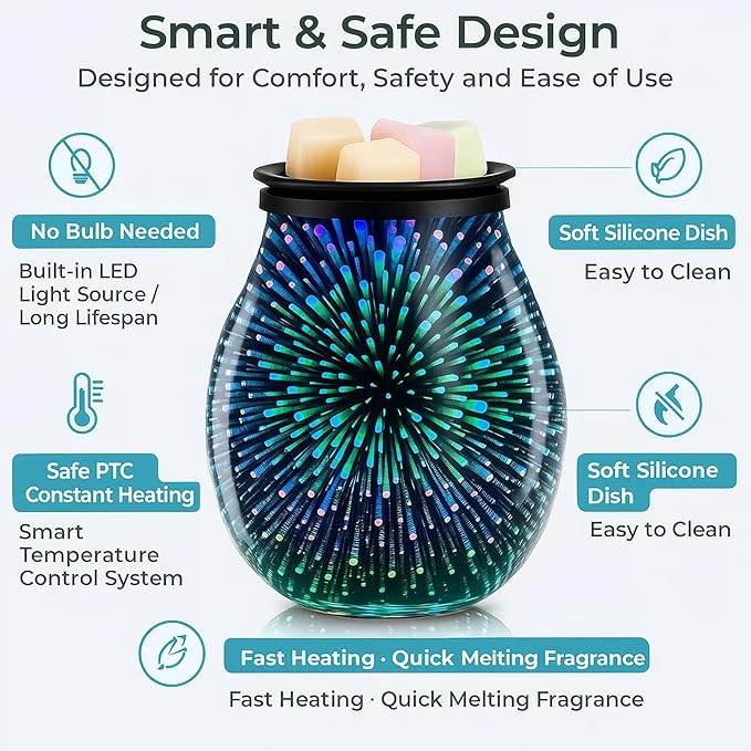 Leyoue 3D Glass Fireworks Electric Wax Melt Warmer with PTC Heating Plate Reusable Silicone Tray 7 Colors LED Changing Light Wax Burner Melter Fragrance Warmer for Home (3D)