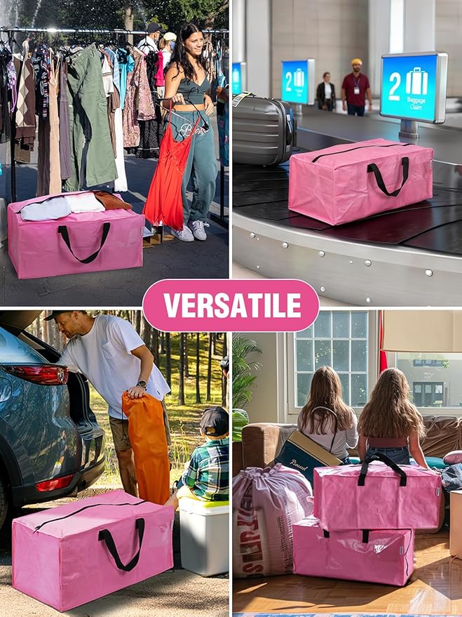 WORKPRO 1 Pack Extra Large Moving Bags with Zippers & Carrying Handles Backpack Straps, Heavy-Duty Storage Tote for Space Saving Moving Storage (Pink)