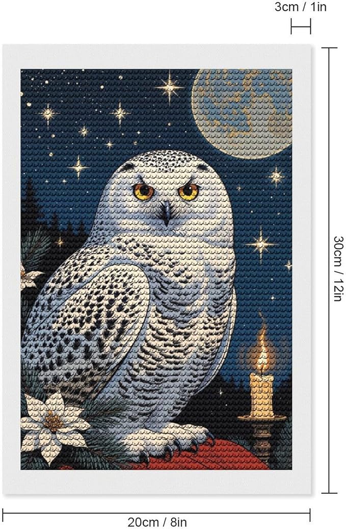 KIVJMSIDJA 5D Diamond Painting Kit for Snowy Owl & Candle Glow - Winter Night Scene Adults Full Drill Round Rhinestone Art Craft DIY Home Wall Decor 8"x12"