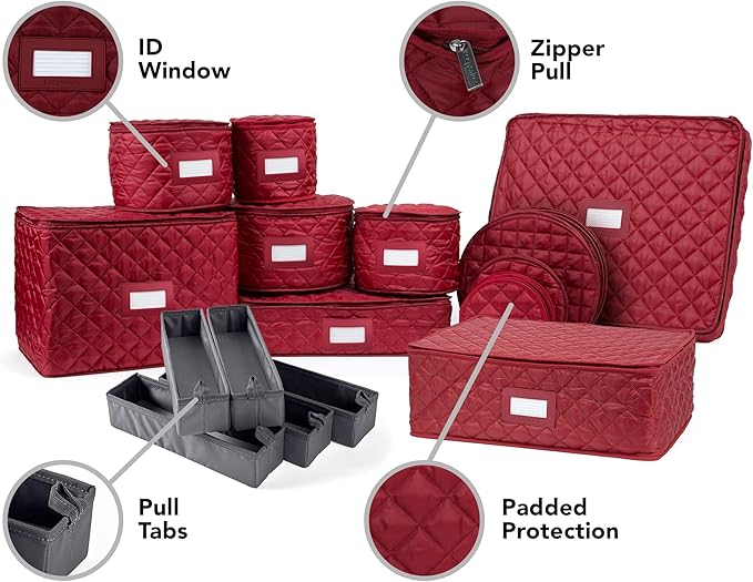 Covermates Keepsakes Dish Storage Set – Padded China & Dinnerware Storage Cases with Dividers, Cup & Stemware Storage, Quilted Polyester Protection, ID Window, Red