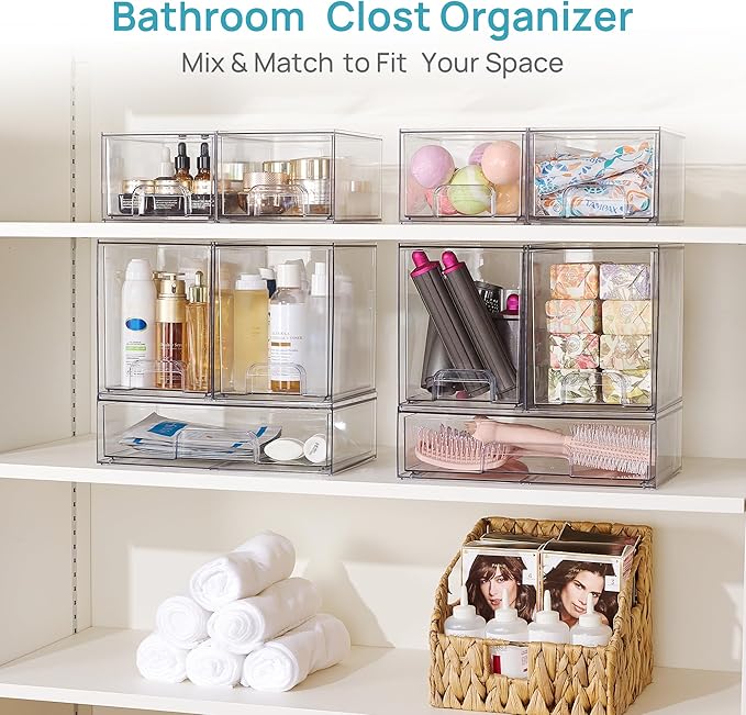 Vtopmart Stackable Storage Drawers Set of 5, Clear Plastic Organizer Bins for Baby Bottle, Beauty Supplies Storage, Ideal for Kichen Countertop, Vanity, Bathroom, Cabinet, Pantry Organization