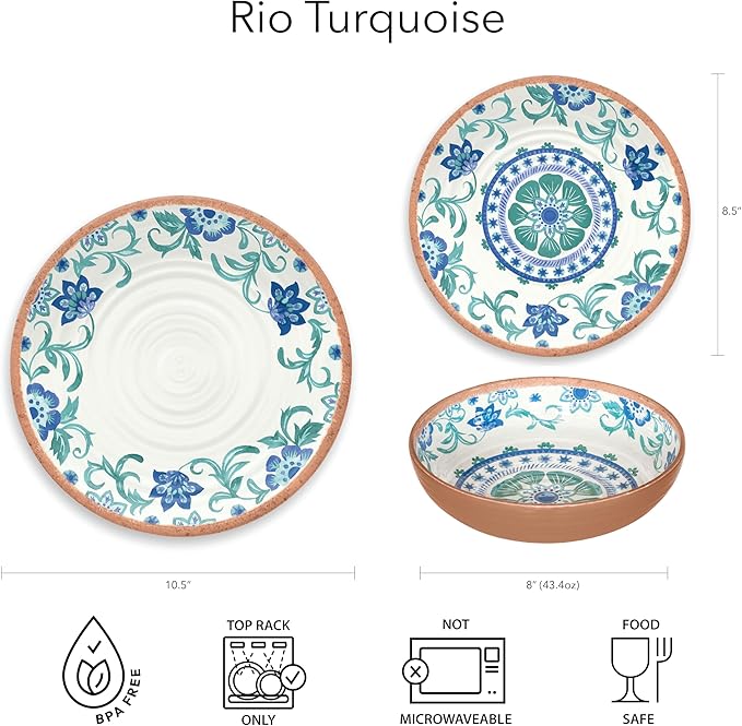 Rio Turquoise 8'' Dinner Bowl Durable Melamine Indoor/Outdoor, Shatter-Resistant, and Dishwasher Safe Dinnerware for Salad, Soup or Snacks - Multicolor - Set of 6