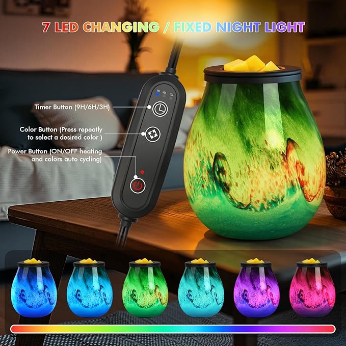Wax Melts Warmer with Timer-Art Glass Wax Warmer for Scented Wax Electric Candle Warmer with 7 Colors LED Light, Removable Silicone Dish Wax Melter for Home Office Decor & Gifts (Storm-timer)