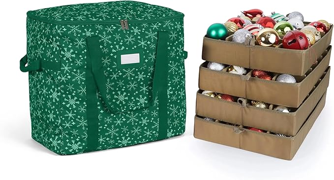 Covermates Keepsakes Adjustable Ornament Storage Bag – Heavy-Duty Polyester, Padded Dividers & FlexGrid Trays – Protective Holiday Ornament Organizer with Handles & Label Window, Green Snowflake