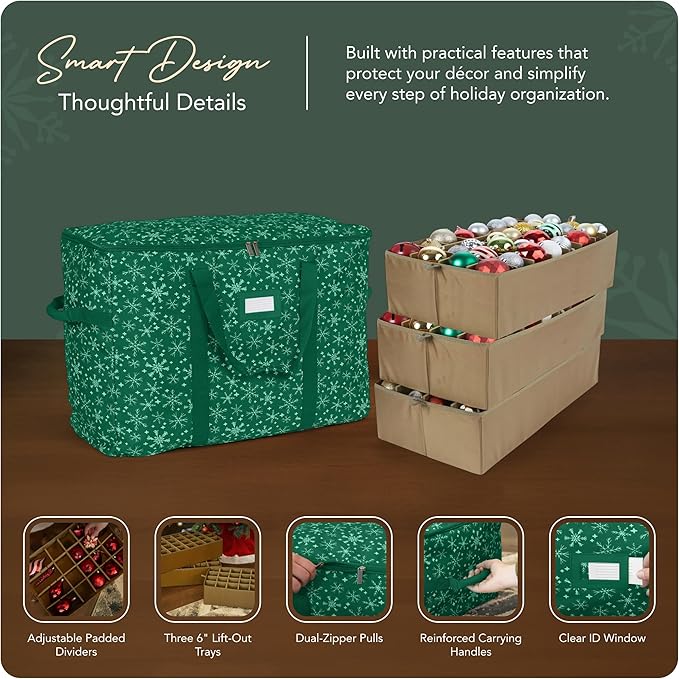 Covermates Keepsakes Adjustable Ornament Storage Bag – Heavy-Duty Polyester, Padded Dividers & FlexGrid Trays – Protective Holiday Ornament Organizer with Handles & Label Window, Green Snowflake