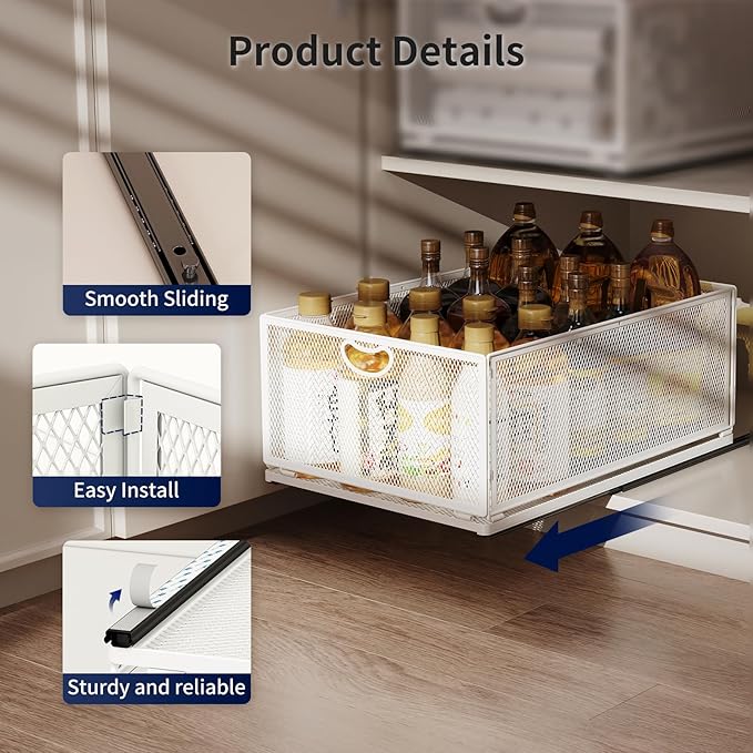 2 Pack Pull Out Cabinet Organizer, No Drill Adhesive Sliding Drawers for Kitchen, Metal Mesh Wire Storage Shelf for Pantry & Under Sink, White (9.6" W x 11.8" D x 8.4" H)