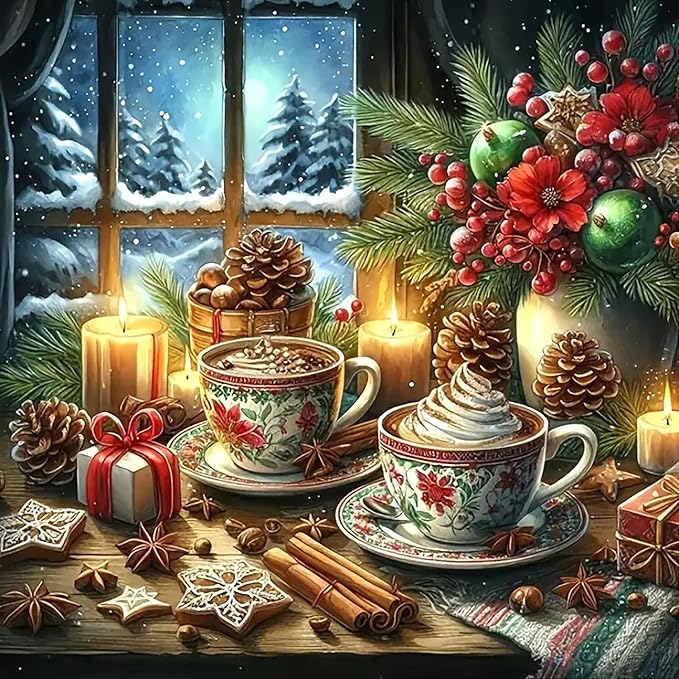 Christmas Family Candle Cup Diamond Art Kits for Adults, 5D Diamond Painting Kits for Adults Beginners, DIY Full Round Drill Diamond Dot Painting Gem Art Kits for Adult, Home Wall Decor 13.8x13.8 Inch