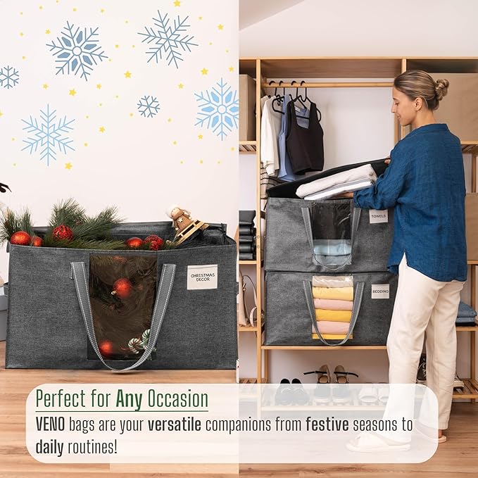 VENO 10 Pack Moving Bags, Comforter and Blanket Storage Bags for Closet, Moving Boxes, Boxes with Lids Alternative, College Dorm Packing Supplies, Foldable Heavy-Duty Tote with Window (Gray, 10 Pack)