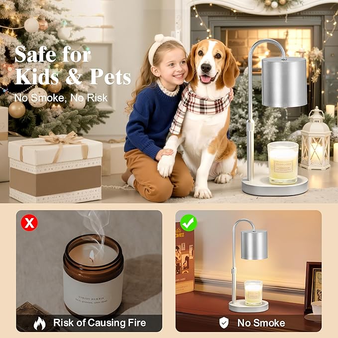 Dreamholder Electric Candle Warmer Lamp with Timer & Dimmer, Adjustable Height Wax Melt Warmer for Jar Candles, Wood Base Candle Melter, Floral Home Decor Gifts for Women, Mom, Silver