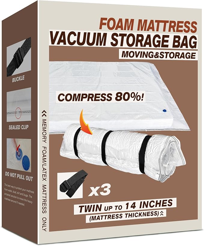 Twin Size Mattress Vacuum Bag for Memory Foam/Latex Mattress Upto 14 Inch, Moving Shipping and Storage, Waterproof and Airtight with 3 Adjustable Straps