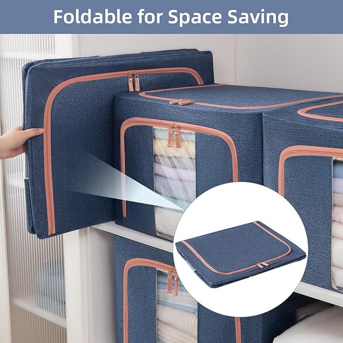 GuliPostan 100L Stackable Clothes Storage Bins with Metal Frame Handles & Zipper, Collapsible Closet Organizer Box with Lid for Bedding Blankets Towel (Navy,1 pack)
