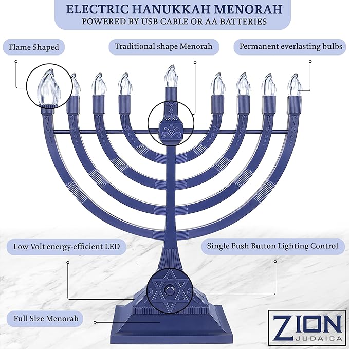 Zion Judaica Electric Hanukkah Menorah LED USB Powered Menorah Electronic Hanukkiah Battery Minorah Flamless Chanukah Candles (Blue, 2)