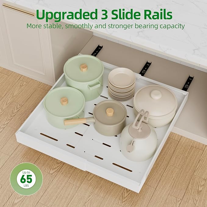 PAKETA 2 Pack Expandable Pull Out Cabinet Organizer, 21'' Deep Pull Out Drawers for Cabinets, Upgrade 3 Slide Rails Sliding Drawers for Cabinets with Adhesive Nano Film (White, 21"D X 12-20"W)
