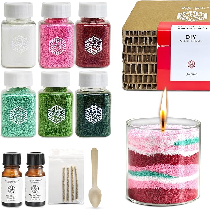 DIY Pearled Candle Sand Kit -11 Oz Sand Wax Beads (6 Colors), 2x10ml Scented Essential Oils, 4 Reusable Wicks, Glass Cup & Spoon, Handmade Candle Craft Gift Set for Women Mom Girlfriend