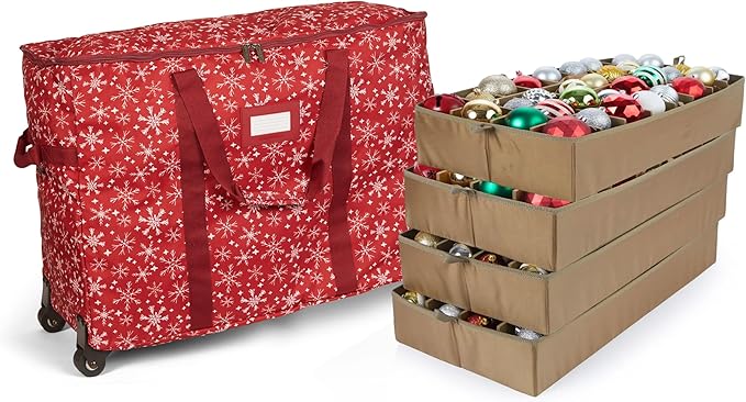 Covermates Keepsakes Rolling Adjustable Ornament Storage Bag – Heavy-Duty Polyester, FlexGrid Trays & Padded Dividers – Protective Holiday Organizer with Wheels, Handles & ID Window, Red Snowflake