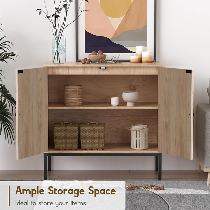 XIAO WEI Sideboard Buffet Cabinet with 2 Natural Rattan Decorated Doors, 31.5" W Accent Rattan Cabinet, Boho Credenza Storage Cabinet, for Living Room Dining Room Hallway, Metal Legs, Natural
