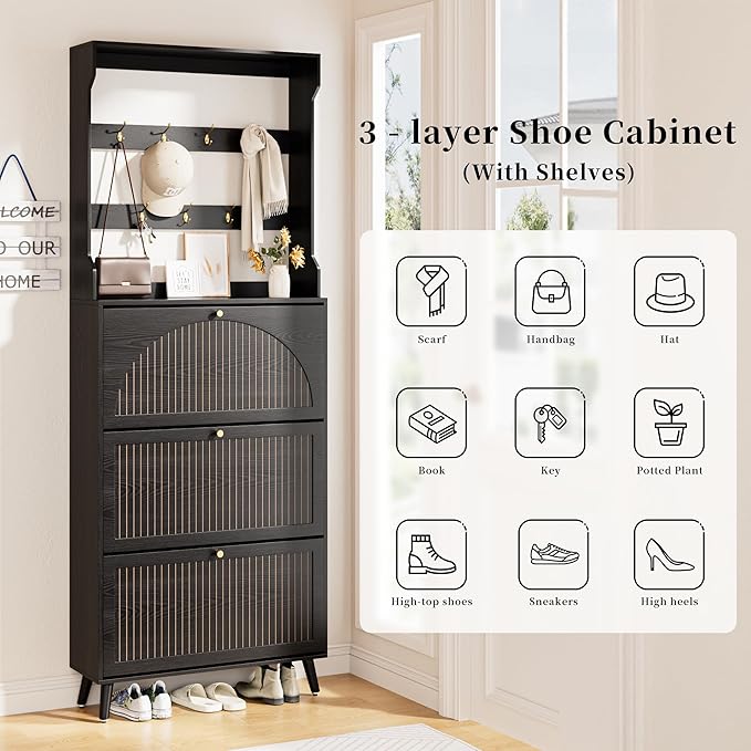 Fsbecl Shoe Cabinet for Entryway with 3 Flip Drawers & Coat Rack, Narrow Hidden Shoe Storage Cabinet with Fluted Panel, 2-in-1 Hall Tree Slim Freestanding Shoe Rack Organizer for Hallway, Black
