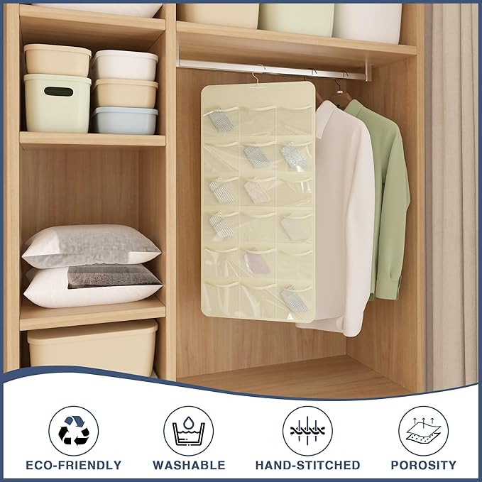 Hanging Closet Underwear Organizer, 28-Pockets Dual-Sided Storage for Socks, Bras, and Leggings Lingerie and Kids’ Clothing, Beige