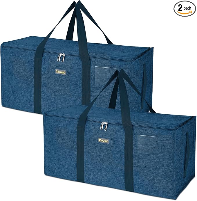 BALEINE Extra Large Storage Tote with Zippers & Carrying Handles, Heavy-Duty Oxford Fabric Moving Bags for Laundry, Space Saving, Storage, 2-Pack, Denim Blue