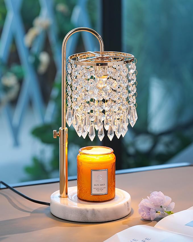 Candle Warmer Lamp with Timer Dimmer and 3 Bulbs, Candle Lamp Warmer with Marble Base for Adjustable Height, Crystal Candle Lamp for Jar Candles, House Warming Gifts Home Room Decor, French Gold