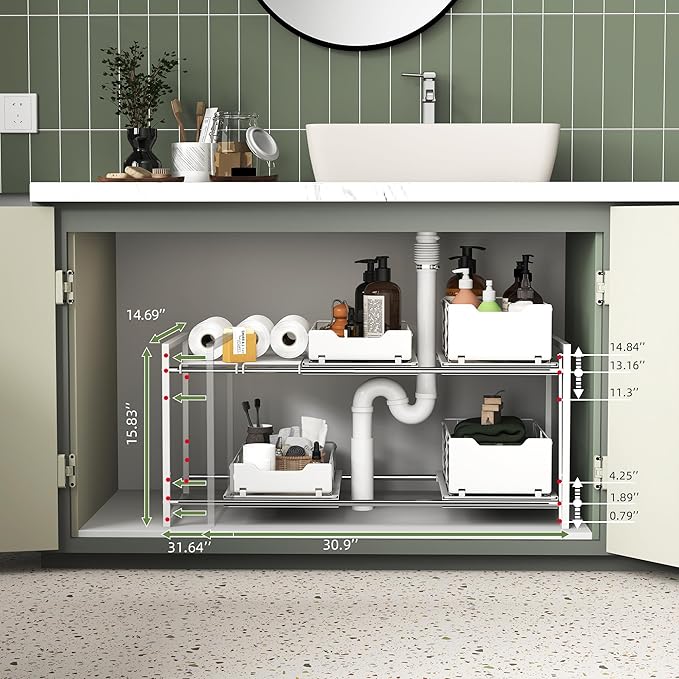 NETEL Pull Out Cabinet Organizer, Slide Out Drawers for Kitchen Cabinets, 2 Tier Expandable Pull Out Under Sink Organizers and Storage, 4 Pull-Out Metal Baskets, (21.5-31.64)" W X 14.69" D X 15.83" H