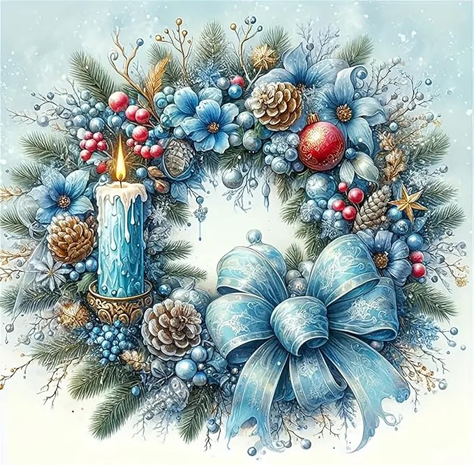 Christmas Candle Wreath Diamond Art Painting Kits for Adults, Winter Diamond Painting Kits for Adults Beginners, 5D DIY Full Drill Diamond Dot Gem Art Kits for Adult, Home Wall Decor 13.8x13.8 Inch