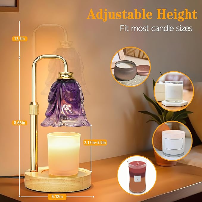 XJZJY Candle Warmer Lamp with Timer Dimmer, Adjustable Height Green Tulip Candle Wax Warmer, Christmas Birthday Gift for Mom Women, House Warming Gifts for New Home Bedroom Decor (Flower Lavender)