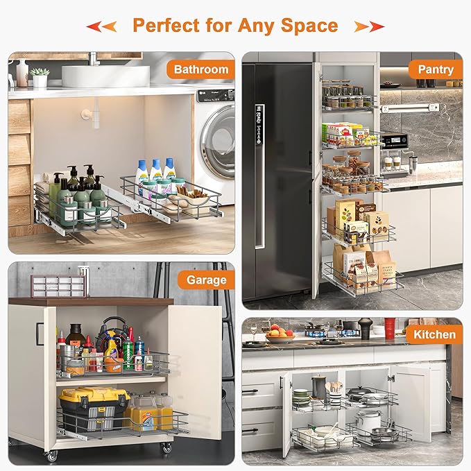 ALINE FURNITURE 2-Tier Pull Out Cabinet Organizer - 20" W x 22" D Soft Close Pullout Shelves with Shelf Liners - Slide Out Drawers for Kitchen Cabinets, Pantry, Bathroom, Heavy Duty Steel Wire Baskets