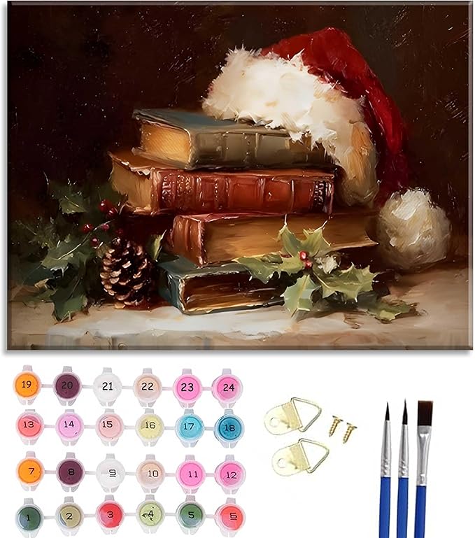 Paint by Number Kit for Adults & Kids, Christmas Vintage Books with Santa Hat 16x20 Inch, DIY Acrylic Painting Kit with Brushes & Paints, Holiday Art Decor for Home Framed