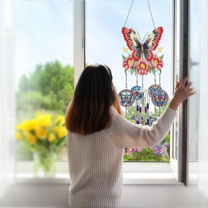 Butterfly Diamond Art Wind Chimes DIY Kits 5D Diamond Art Painting Wind Chime Hanging Ornament Set Double Sided Special Shaped Beads by Number Stitch Butterfly Wind Chime Pendant for Yard Home Decor