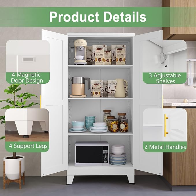 Ckzbx White Metal Cabinets with Doors and Shelves, 61" H Storage Cabinet Pantry Cabinet Garage Cabinets for Kitchen, Living Room, Dinning Room