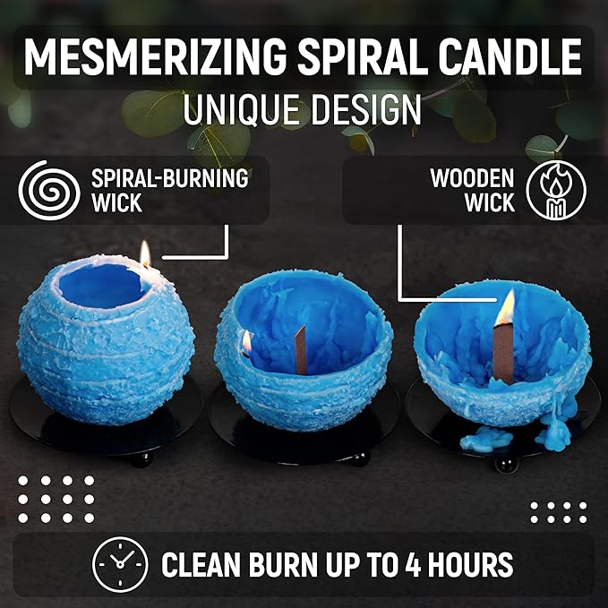 Spiral Light Candles Burn Around, Unscented Unique Shaped Decorative Candle on Metal Base, 4.5" Blue Beeswax Soy Wax Candle, 4h Burn, Twisted Wave Design, Gifts for Him Her, 10oz