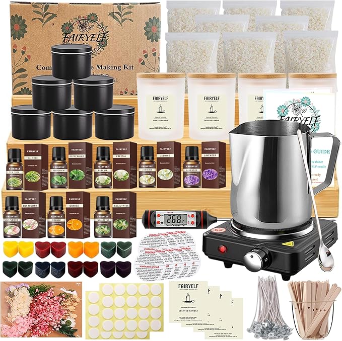 FAIRYELF Premium Candle Making Kit with Wax Melter, DIY Starter Scented Candles Making Kit for Adults Include Glass Jar & Tins, Scents & Color Dyes & More - Perfect as Home Decorations