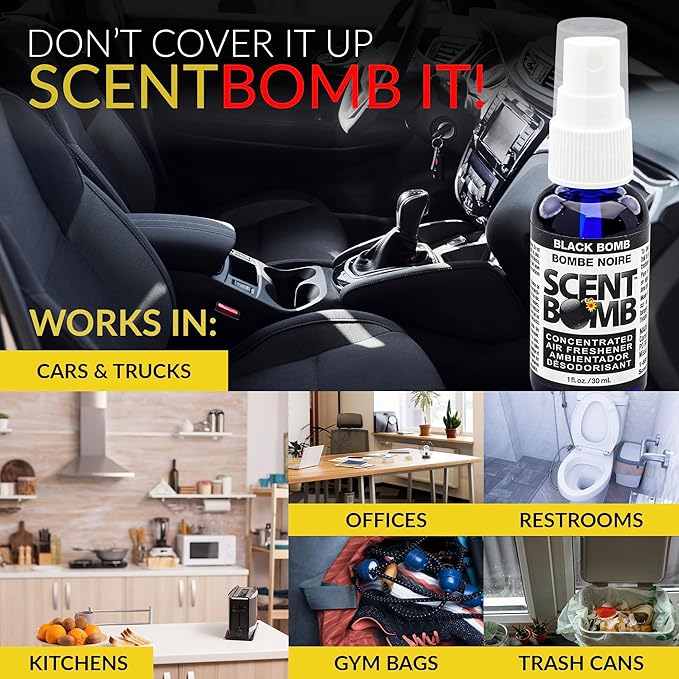 Scent Bomb Air Freshener Spray, Long-Lasting Odor Eliminator - Effective Deodorizer for Home & Car, Fresh Room Spray for Kitchen, Bathroom & Smell Neutralizer - 1 oz Pack of 4, Black Bomb Scent