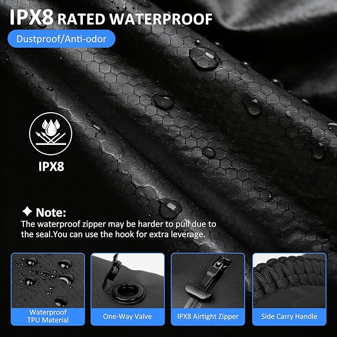 Travel Vacuum Bags with Pump, 33L Vacuum Seal Bags for Clothing, IPX8 Waterproof Vacuum Storage Bags with Handle for Luggage, Backpack, Suitcase, Home & Outdoor 1Pack Black