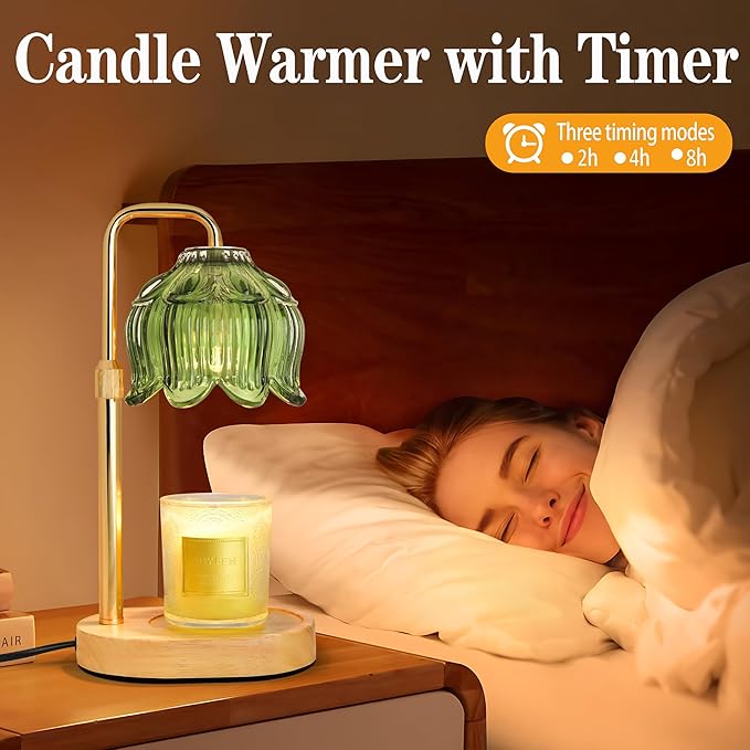 Candle Warmer Lamp with Timer Dimmer, Adjustable Height Candle Wax Warmer, Christmas Birthday Gift for Mom Women, House Warming Gifts for New Home Bedroom Decor, (Lotus Flower-Green)