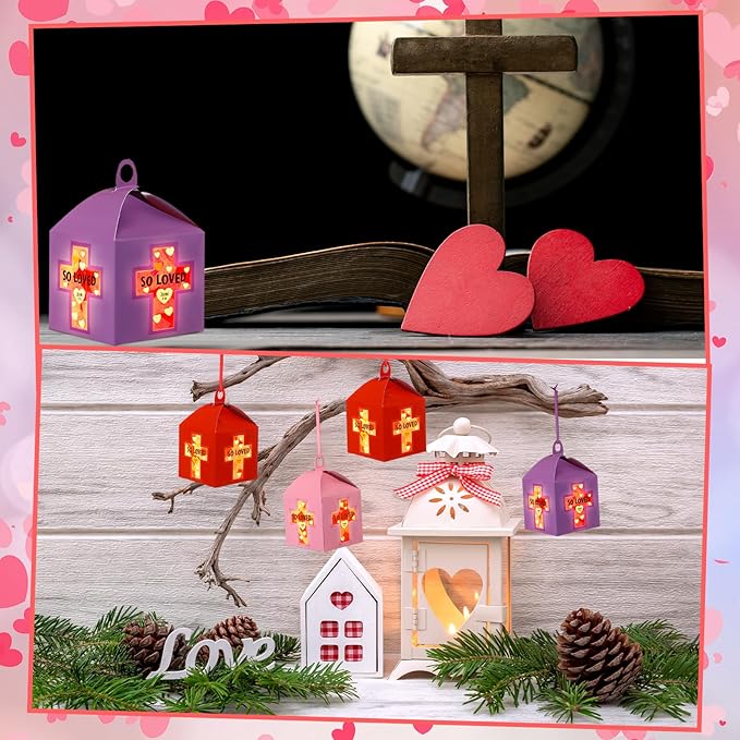 Simgoing 12 Sets Religious Valentine's Day Crafts with LED Candlelight Valentine's Day Cross Tissue Paper Crafts Kits DIY Cross Suncatchers Lanterns Hanging for Sunday School Christian Decoration