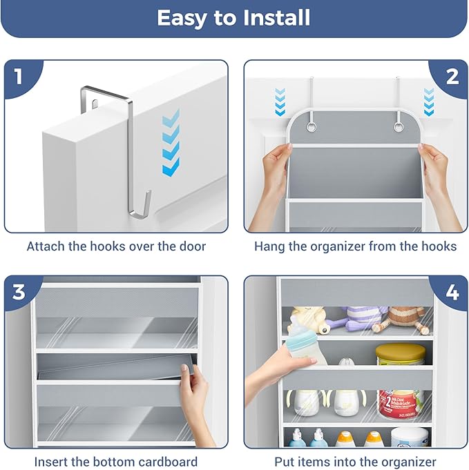 COOLBEBE Over the Door Organizer, 5-Shelf Door Organizer Hanging with10 Side Pockets, 44LB Behind the Door Organizer for Bathroom Bedroom Closet and Baby Essentials (1PC, Grey)