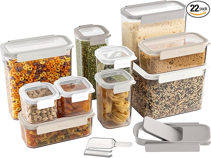 Bentgo Pantry - 22-Piece Airtight Food Storage Containers, Clear and Stackable Kitchen and Pantry Organization Set, Locking Lids for Freshness, Bonus Cereal Lid & Scoop, BPA-Free Plastic (White Stone)